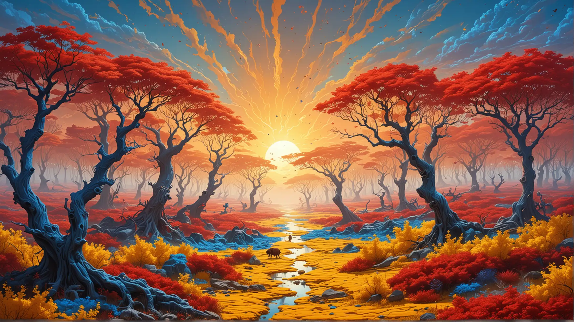 the landscape of another world, yellow ocean, blue and red trees, strange colorful animals