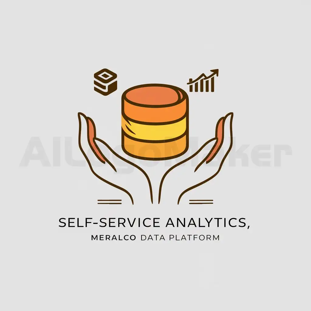 a logo design,with the text "Self-Service Analytics, MERALCO Data Platform", main symbol:Hands holding database logo, power bi reports logo, and analytics logo,Minimalistic,clear background