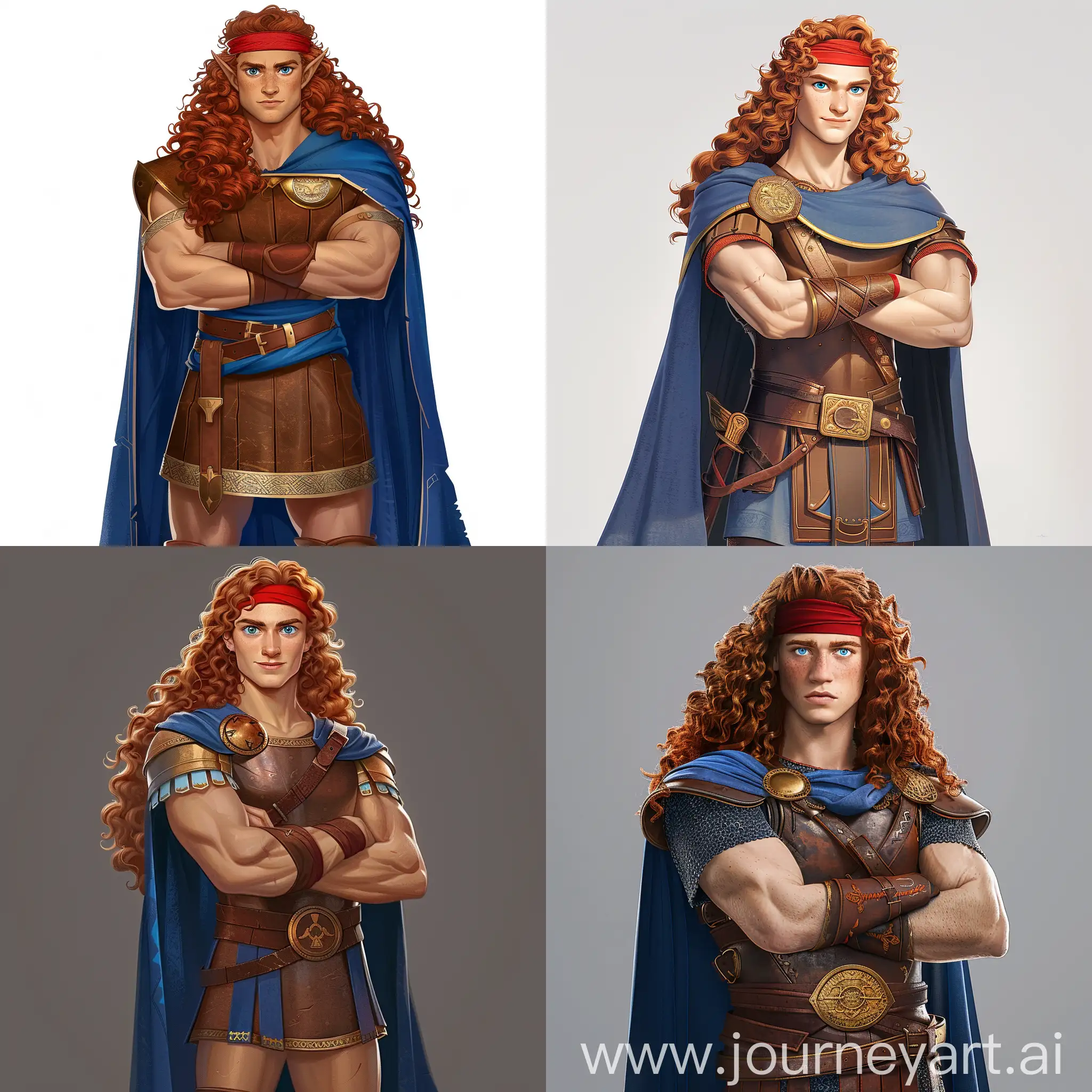 Scene from Gravity Falls cartoon"Male character, tall and muscular build, broad shoulders, long curly red hair, blue eyes with a kind and confident expression, strong jawline, square face, fair skin, wearing a red headband, dressed in a brown leather tunic and a blue cape, brown belt with a gold emblem, leather wristbands, knee-high brown leather sandals with straps, heroic and proud posture, arms crossed over his chest, handsome and imposing appearance."