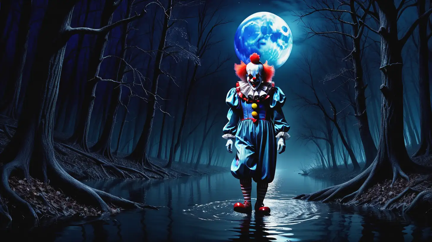 Creepy clown, in scary forest, river, blue moon, blue night