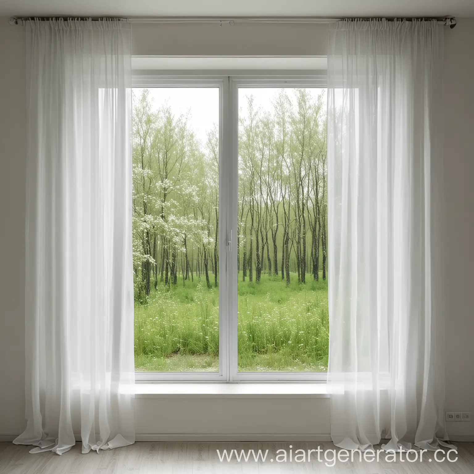 вид из окна на природу, белые шторы развиваются на ветру фото