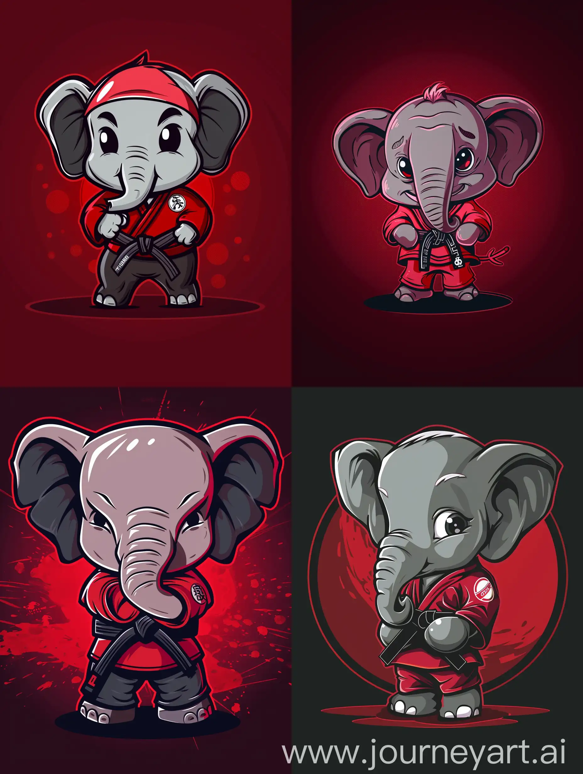 thin line style chibi cute elephant wearing karate shirt, with solid dark red background, small object and center concentrated image, far view point