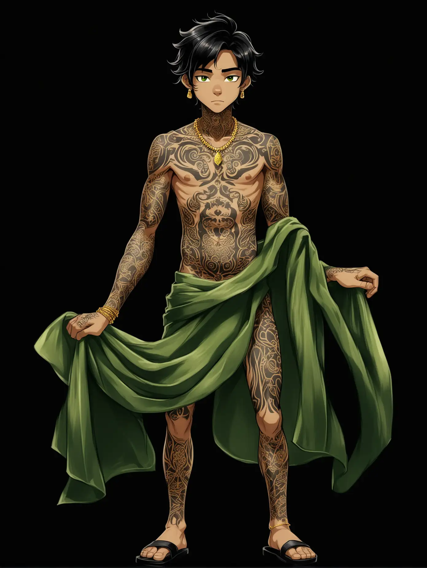 cartoon image of a 20 year old Indonesian boy. wavy black hair, light skin, gold jewelry, bare chested, with a long green cloth, black sandals, tattooed all over his body. plain black background