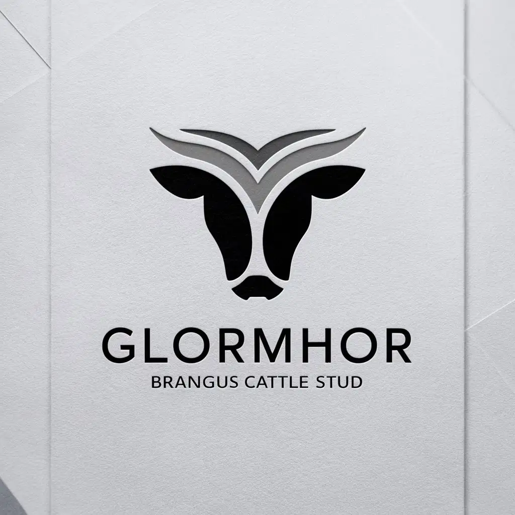 a logo design,with the text "Glormhor Brangus", main symbol:modern, minimalist logo for my Brangus cattle stud. The logo should incorporate: • An shieltte of a Brangus cattle. preferred color black, white, gray. must be a white stationery design mockup,Moderate,clear background