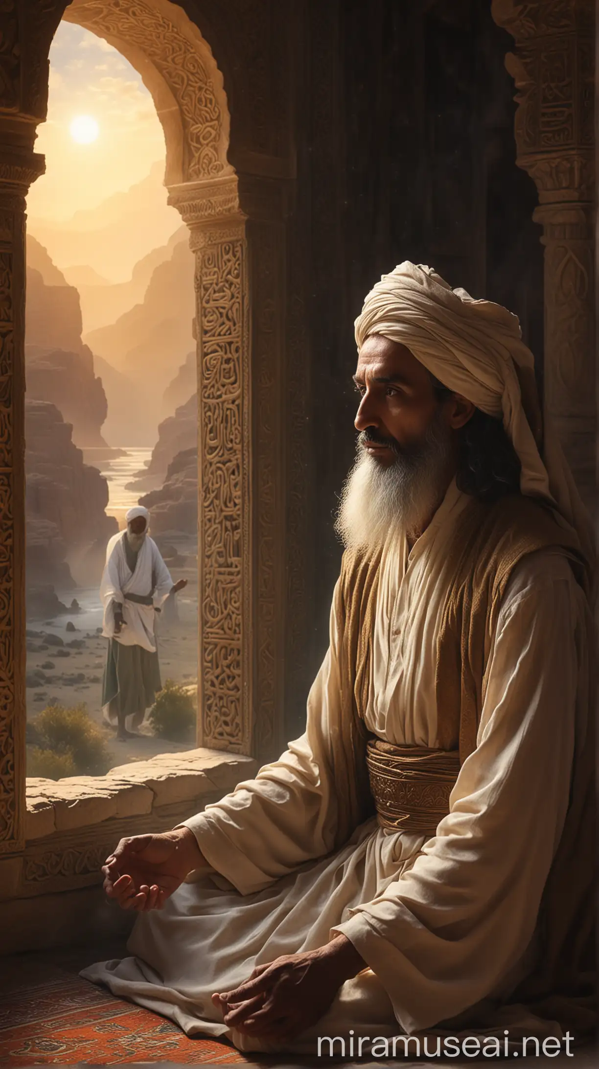 A mystical moment where Khidr Aleyhisselam appears before the praying man. Khidr is enveloped in a soft, radiant light, standing amidst a serene and otherworldly backdrop. The man's eyes widen in awe and wonder.
