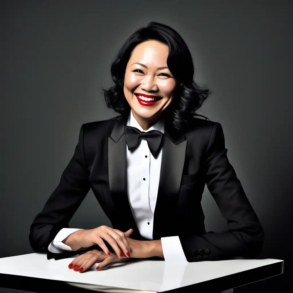 Smiling and laughing and voluptuous 40 year old tan skin Chinese woman with shoulder length black hair and bright red lipstick, wearing a tuxedo with a black bow tie and black cufflinks and black pants.  Her shirt has starched double french cuffs.  Her jacket is open.  She is sitting at a table in a dark room.