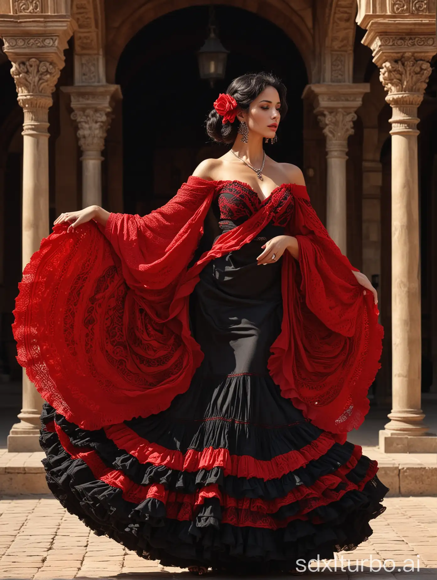 (beautiful woman, dancing flamenco)::4 intricate giant earrings, black hair, very long dress::3 huge shawl, bata de cola, frills and flounces, red-black palette :: Mudéjar style, Romanesque architecture in background, dancing pose :: portrait::-2 passion, grace, emotional, epic composition, tribal darkfantasy, dramatic shadows :: by Fabian Perez