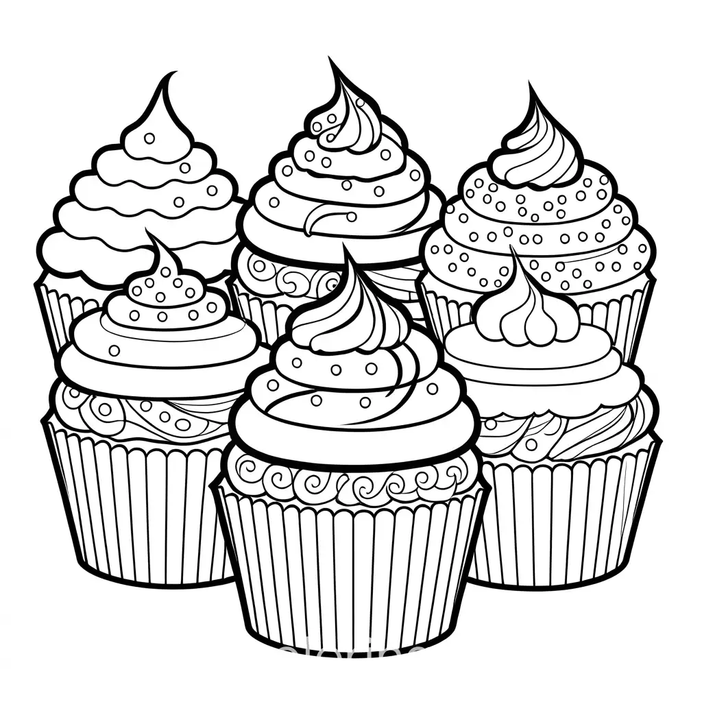 Cupcakes with frosting and sprinkles for kawaii coloring book without face or eyes, Coloring Page, black and white, line art, white background, Simplicity, Ample White Space. The background of the coloring page is plain white to make it easy for young children to color within the lines. The outlines of all the subjects are easy to distinguish, making it simple for kids to color without too much difficulty