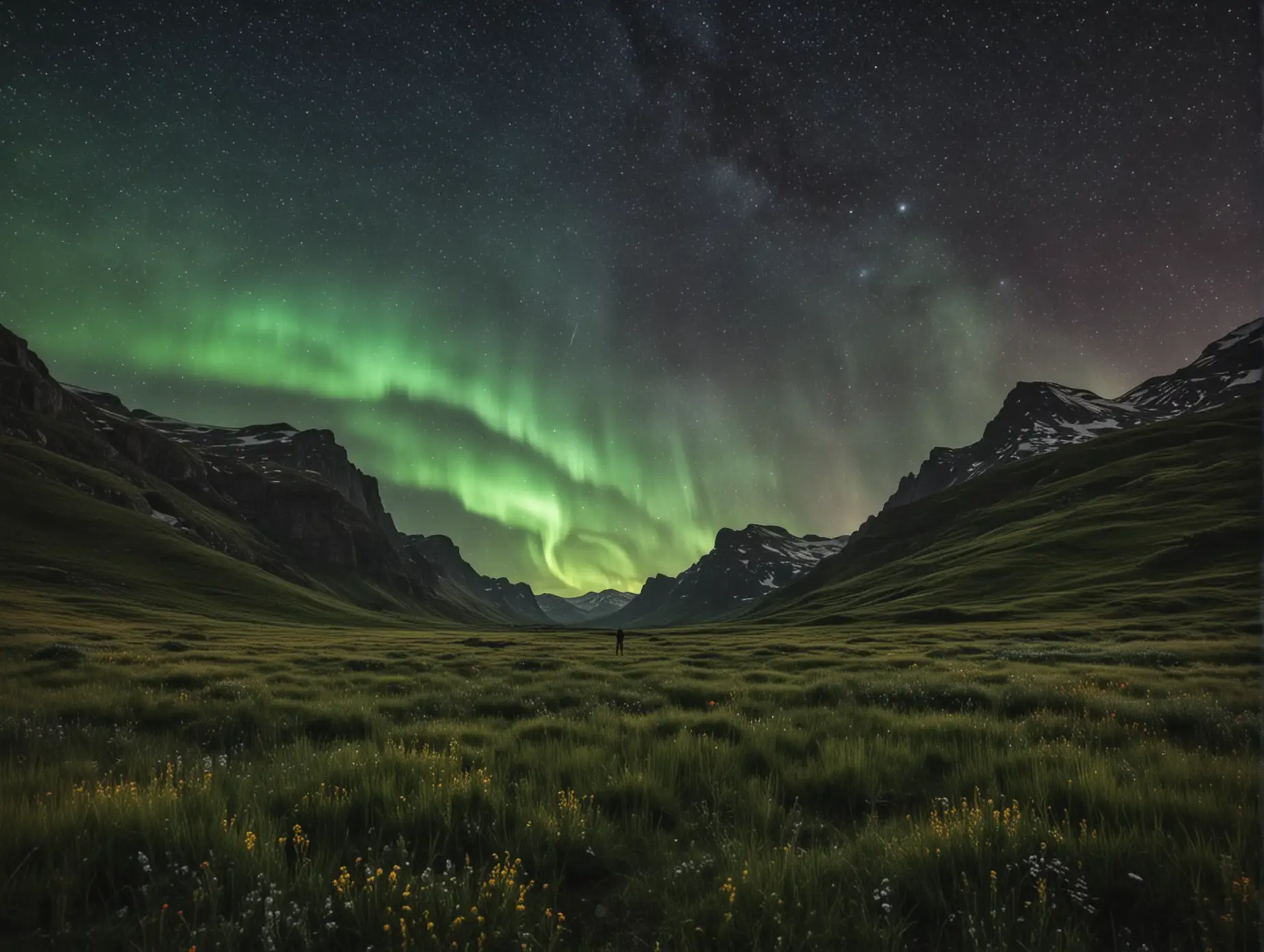  In a valley, echoes are ringing, a person keeps running, stars dot the night sky of the valley, with occasional bursts of aurora light.