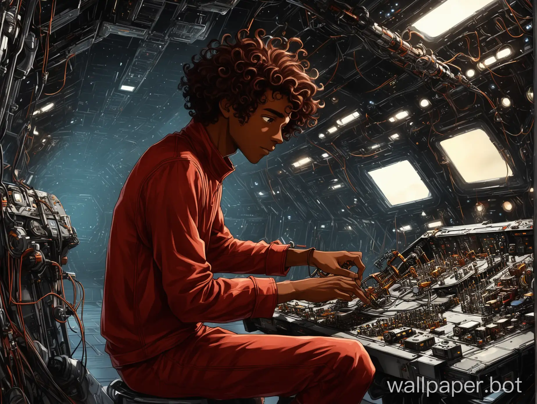 Dark red brown haired young ebony guy with curls in a hangar of a spaceship tinkering on equipment for his band in a future far ahead of us.