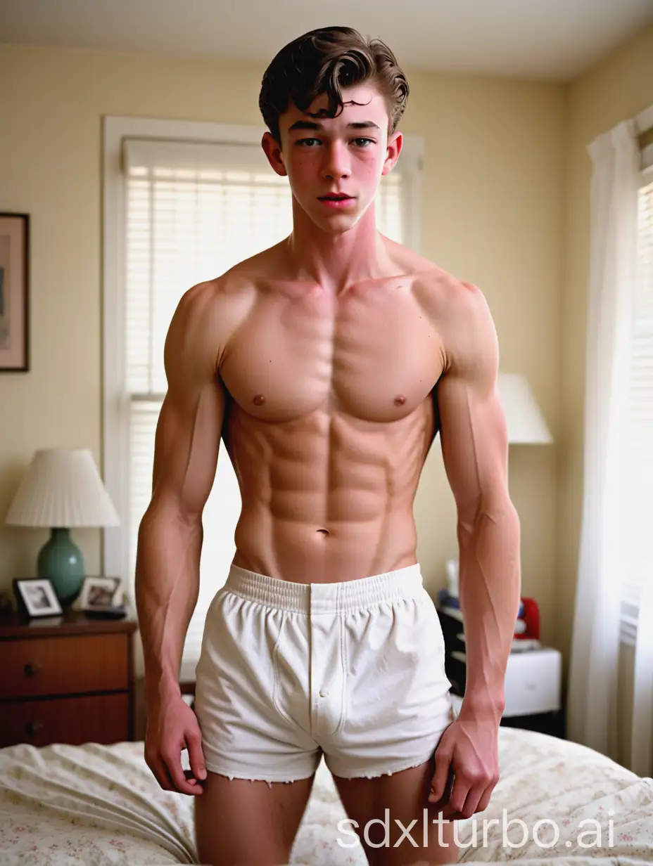 Griffin Gluck with ripped eight pack abs, shirtless in white boxers in 1950s suburban LA bedroom, face and body photo, 16k, medium shot, very high quality, very high resolution, fitness, macho, virile, masculine, sexy, youthful,
