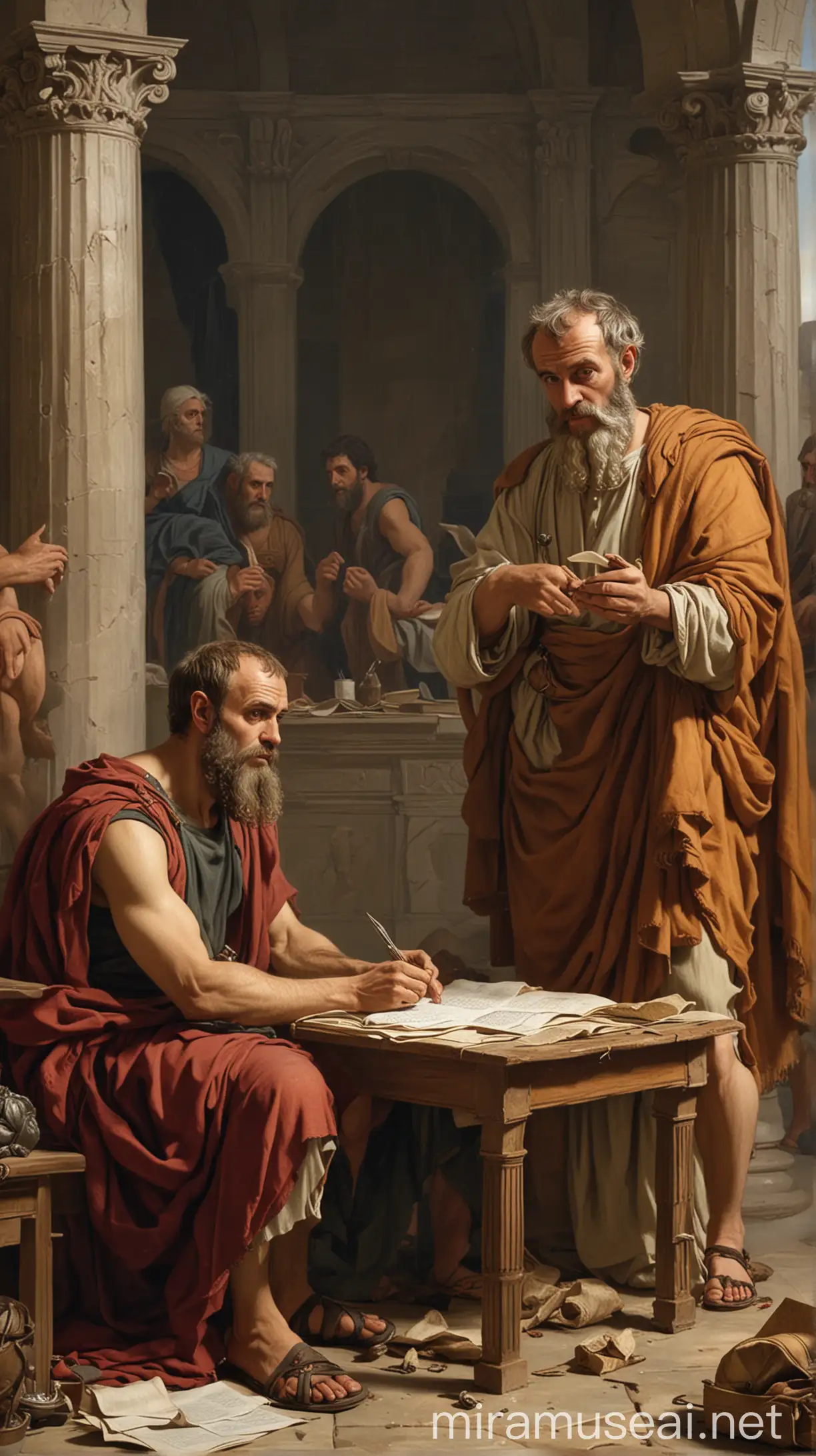 Apostle Paul Writing a Letter with Philetus and Hymenaeus in the Background