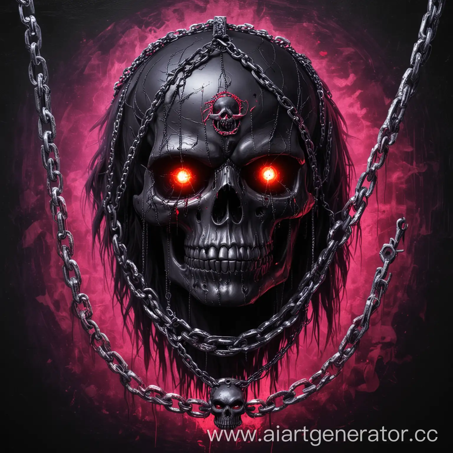Sinister-Black-Skull-Enshrouded-in-Metallic-Chains-on-Violet-Neon-Background