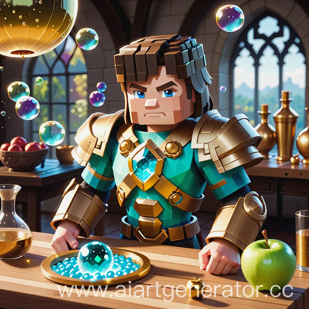 Minecraft-Hero-Enchanting-Armor-at-Magic-Table-with-Potions-and-Golden-Apple