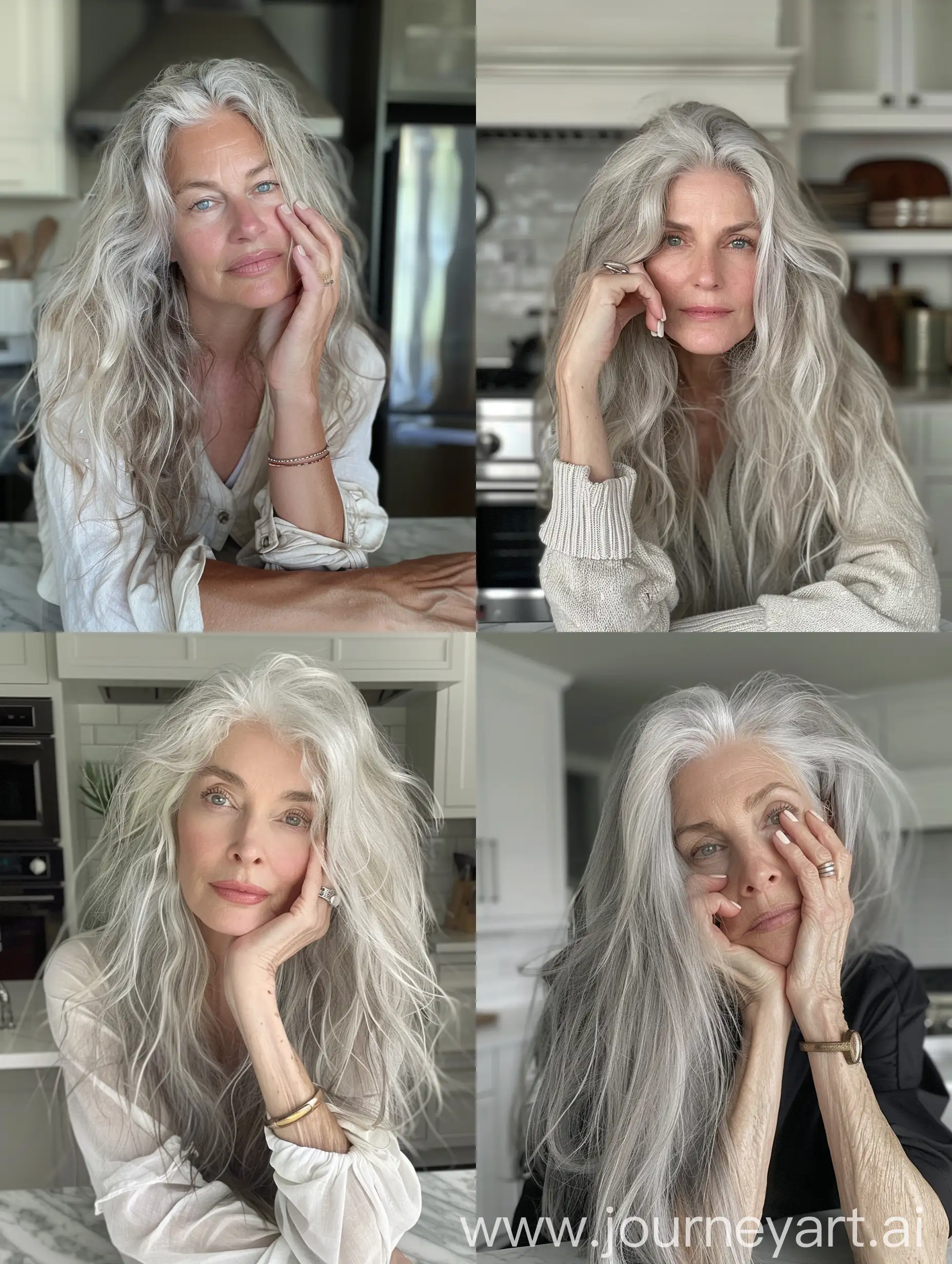 Aesthetic instagram selfie of a top model woman in the kitchen, mid 40's, one hand on face, white gel nail polish, wedding rings, very long and messy greying hair, light colored eyes, wide set,