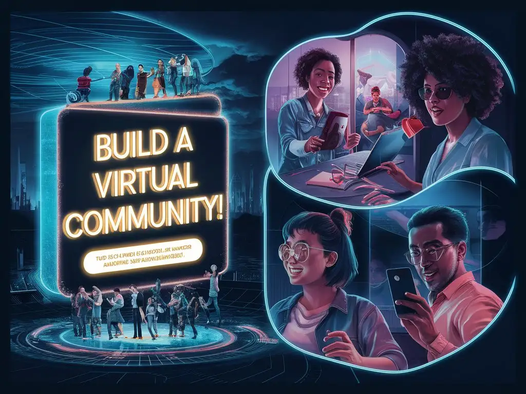 Poster, that calls for the formation of a virtual community with the slogan: Build a Virtual Community!