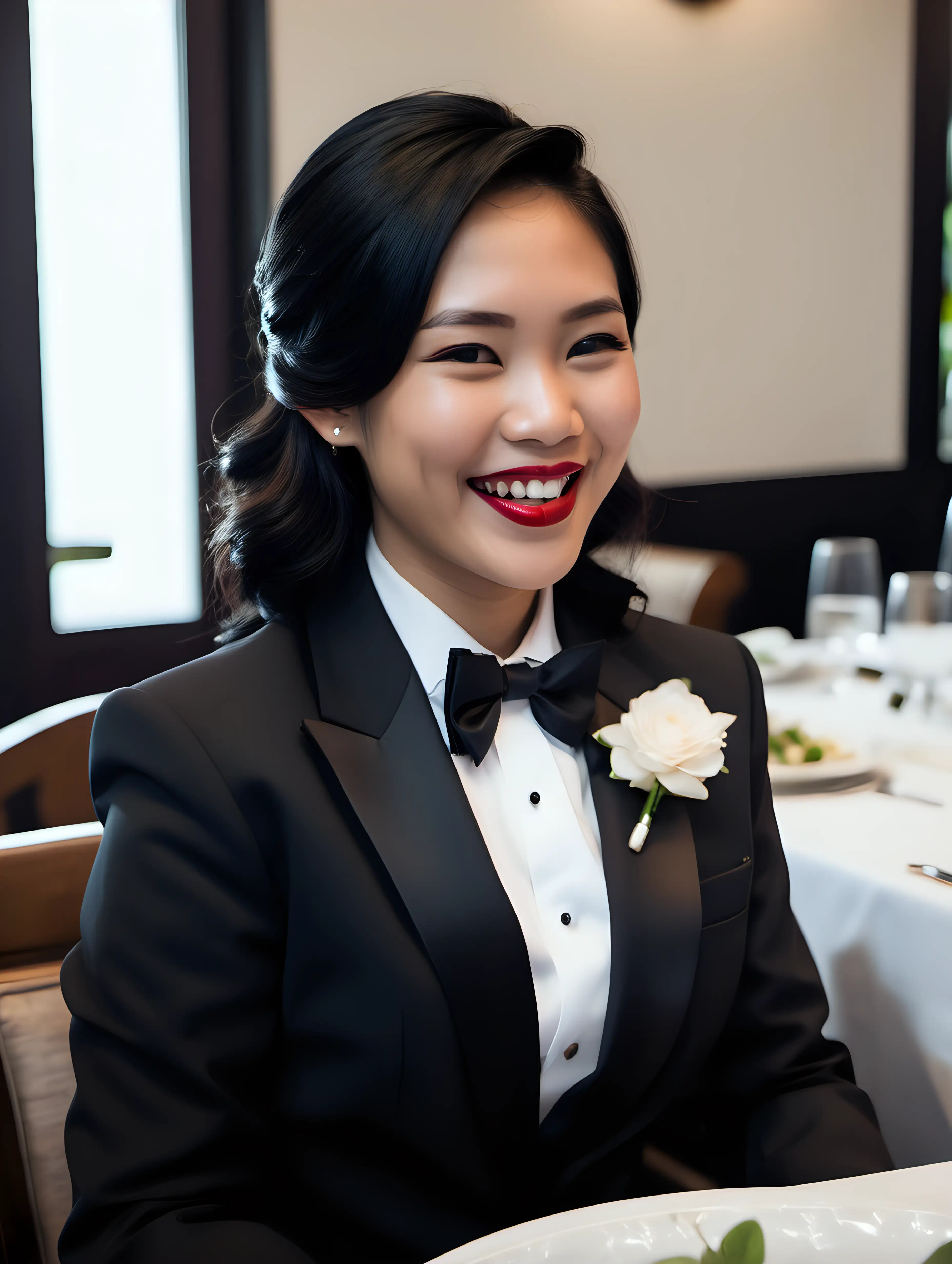 30 year old smiling and laughing thai woman with black shoulder length hair and lipstick wearing a formal tuxedo with a black bow tie and cufflinks. Her jacket has a corsage. She is sitting at a dinner table.  Her jacket is open.