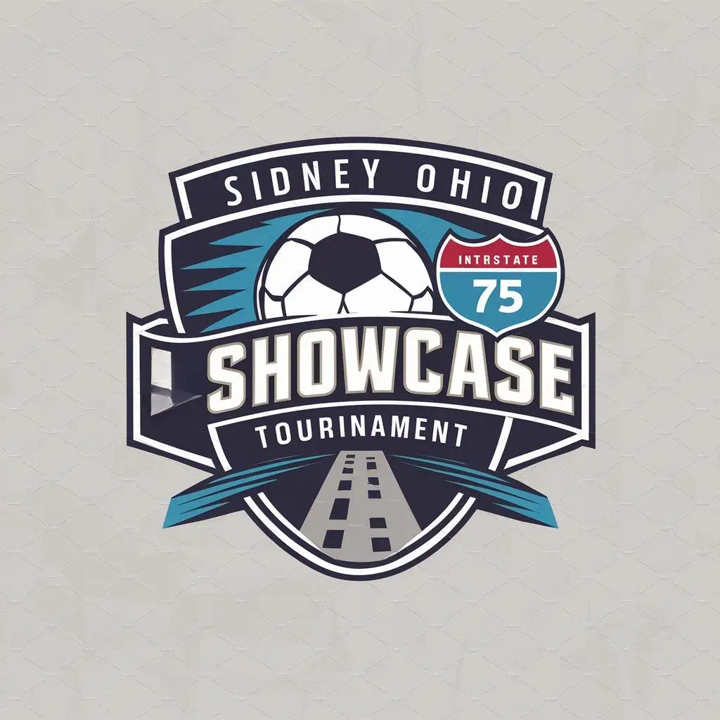 a logo design,with the text "sidney ohio I-75 showcase tournament", main symbol:["soccerball","shield","interstate75"],Moderate,clear background