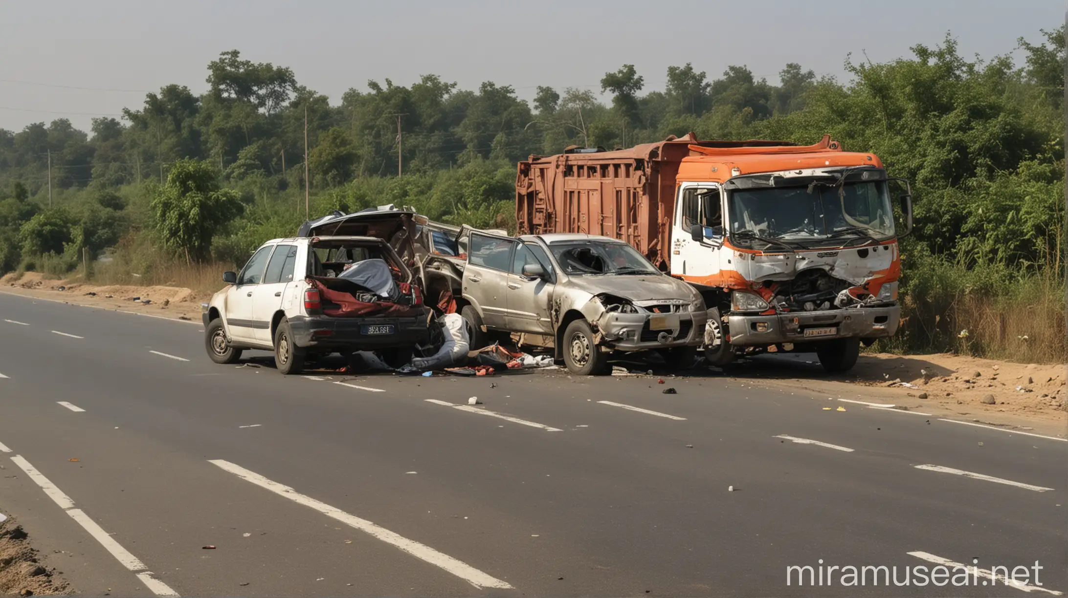 Indian Road Car and Truck Accident Detailed Long Shot