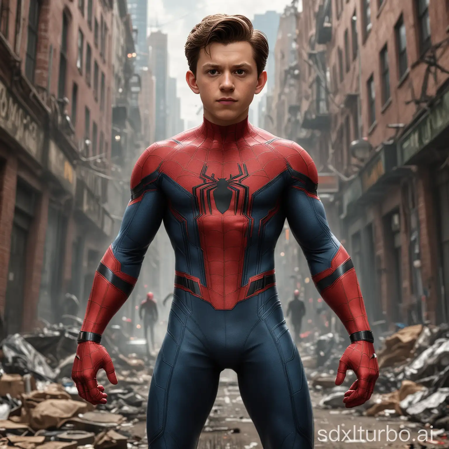 head to toe cartoon caricature of Tom Holland as Spiderman ((((without mask))) in futuristic costume, exageration, big head caricature style, full body view, avengger movie scene film background, high quality, best quality
