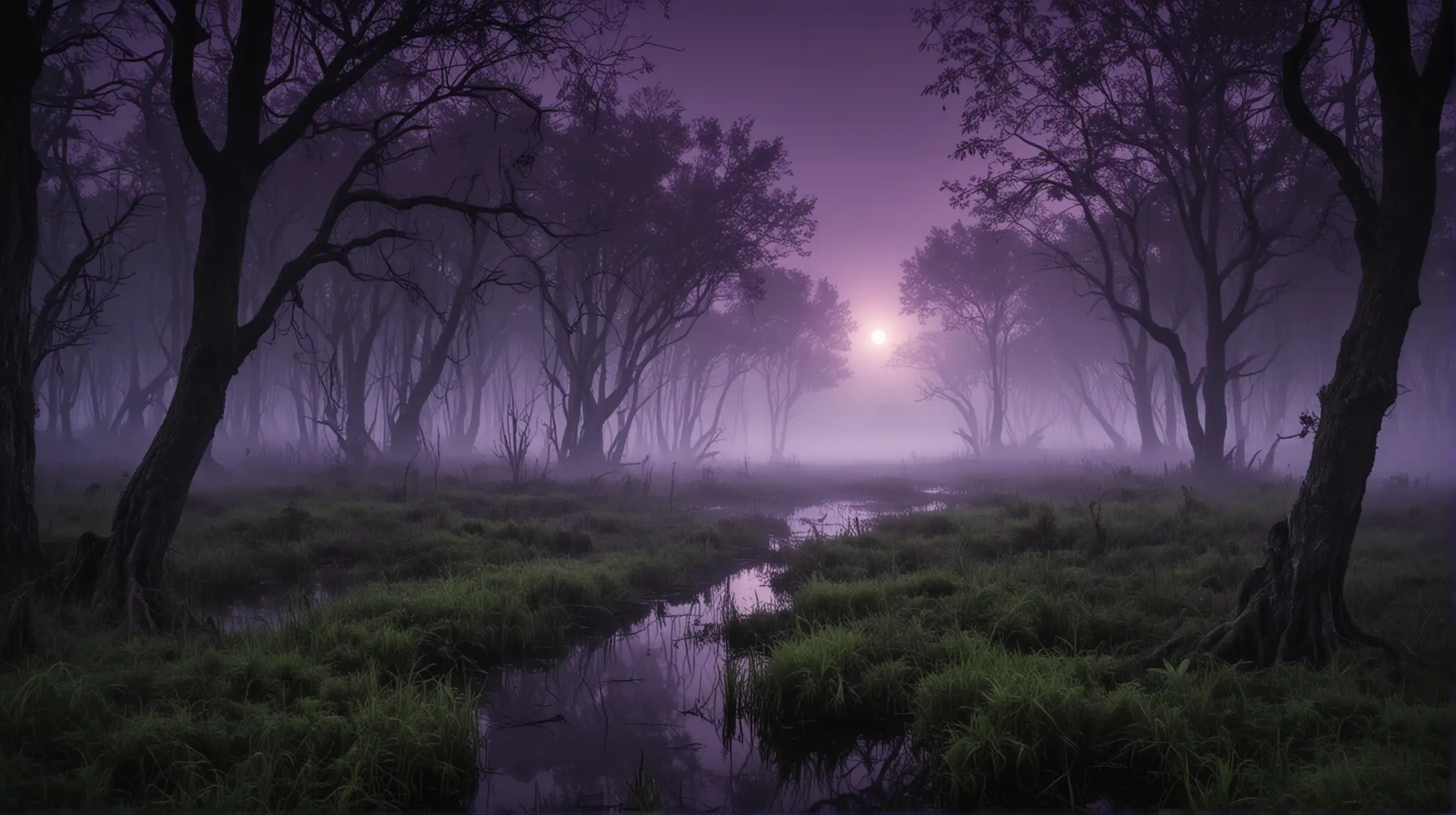 Enchanted Swamp at Night with Luminous Green and Violet Fog