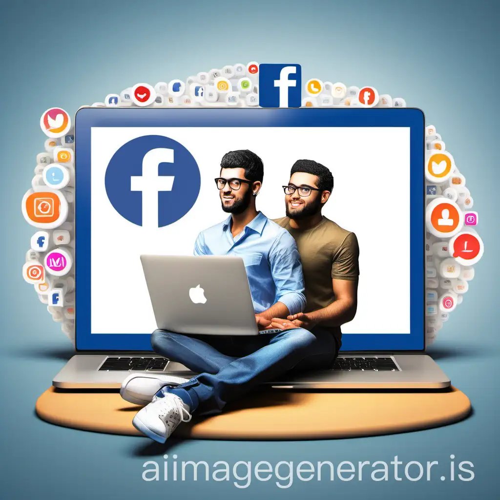 create 3d illustration featuring a realistic man casually sitting macbook beside of a social media logo specifically 'facebook'. the character should looks like he is a digital marketer, graphic designer, and enterprenuer background of the image should showcase a social media profile page username "Muhammad Qasim" and a matching profile picture