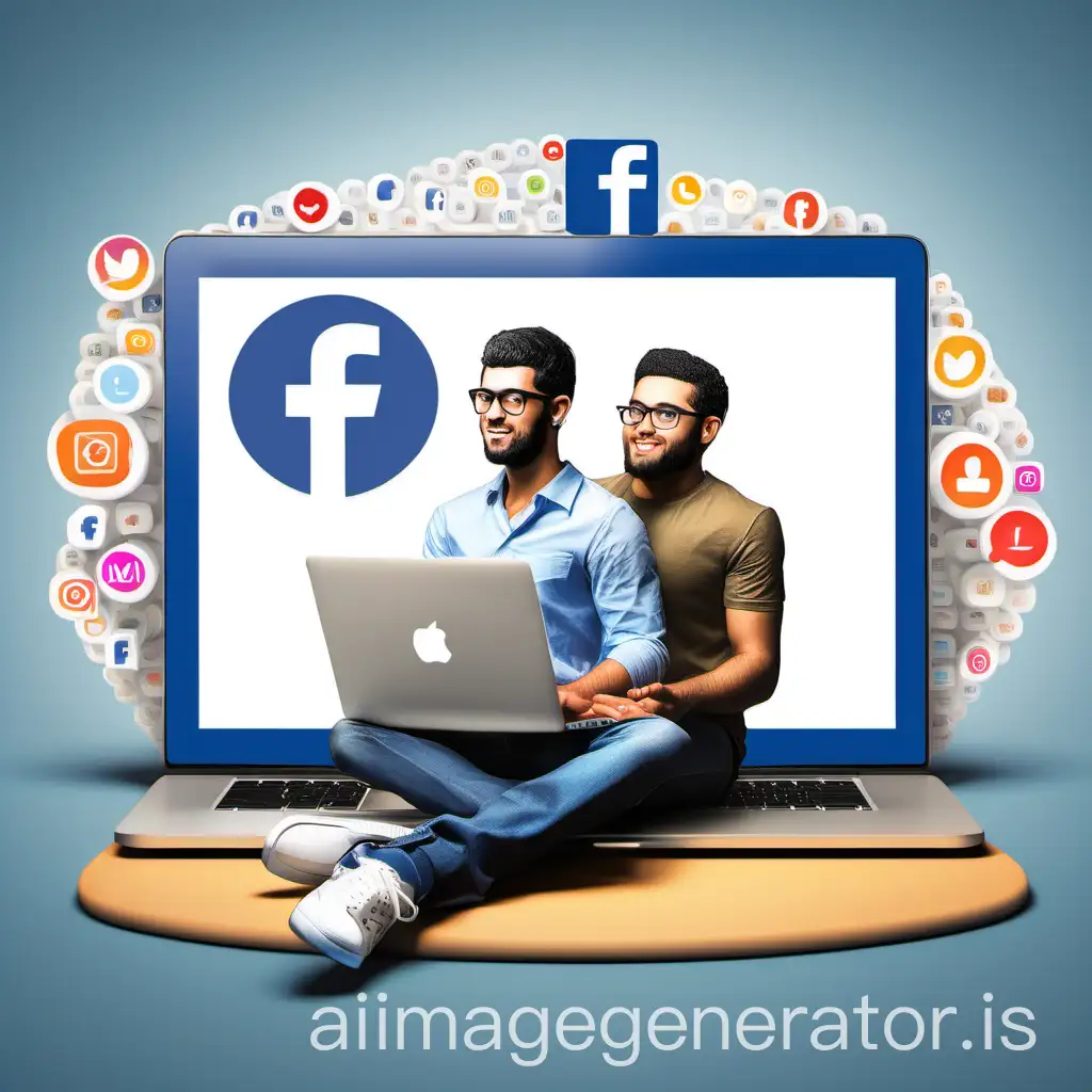 create 3d illustration featuring a realistic man casually sitting macbook beside of a social media logo specifically 'facebook'. the character should looks  like he is a digital marketer, graphic designer, and enterprenuer background of the image should showcase a social media profile page username "Muhammad Qasim" and a matching profile picture