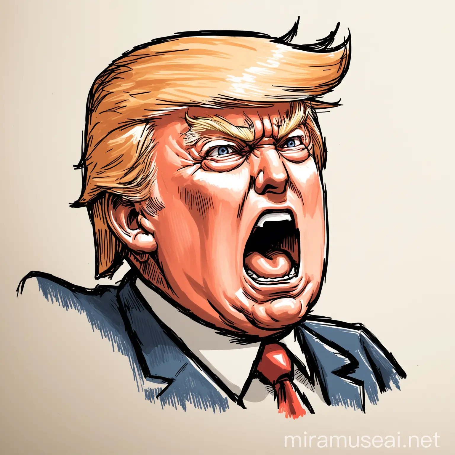 hand-drawn illustration of Donald Trump yelling, half angle