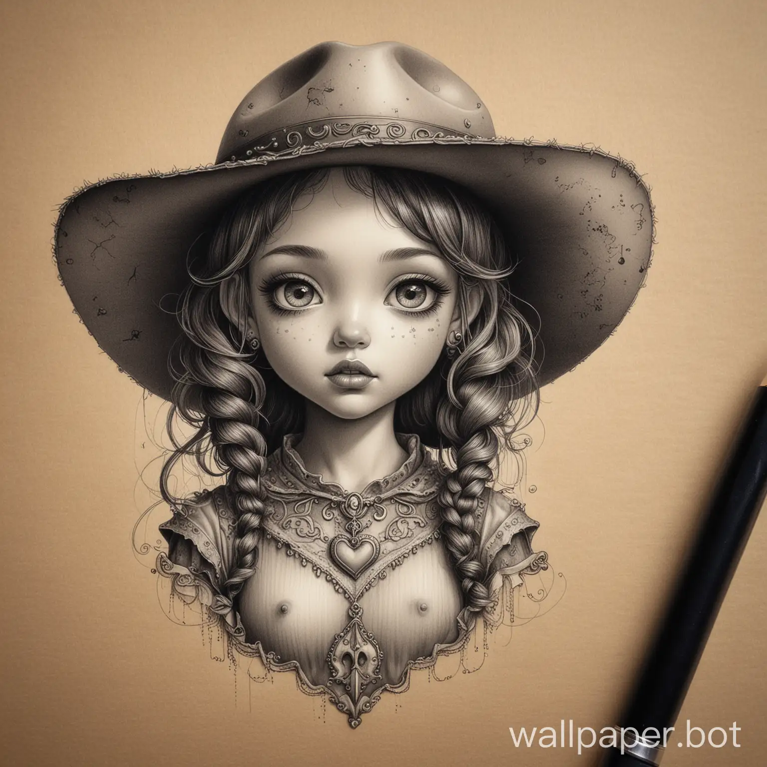 ultra-realistic pencil sketch on scrap paper of a gothic dark kawaii figure in a cowboy style, big-eyed, 7 years old, clear skin, with black messy short curls, Silver mini mini hearts, style mix of Lilia Alvarado and Jasmine Beckett-Griffith, trending on art station, sharp focus, studio photography, intricate detail, high detail, fabulous size emphasized by juxtaposition, natural light, high detail, pen and ink, golden ratio. Greg Rutkowski
