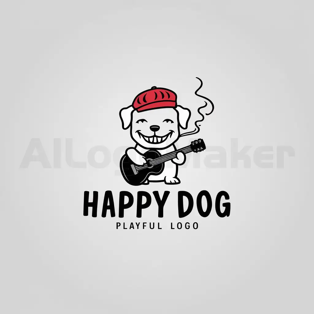 a logo design,with the text "Happy Dog", main symbol:happy little dog playing guitar while smoking,Minimalistic,clear background