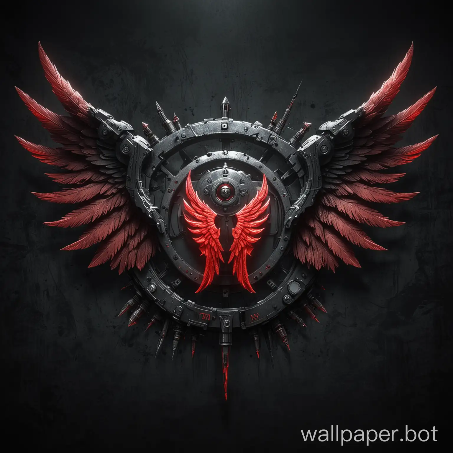 dangerous looking wallpaper, cyperpunk style, dark background, red angel wing logo in the middle. no text