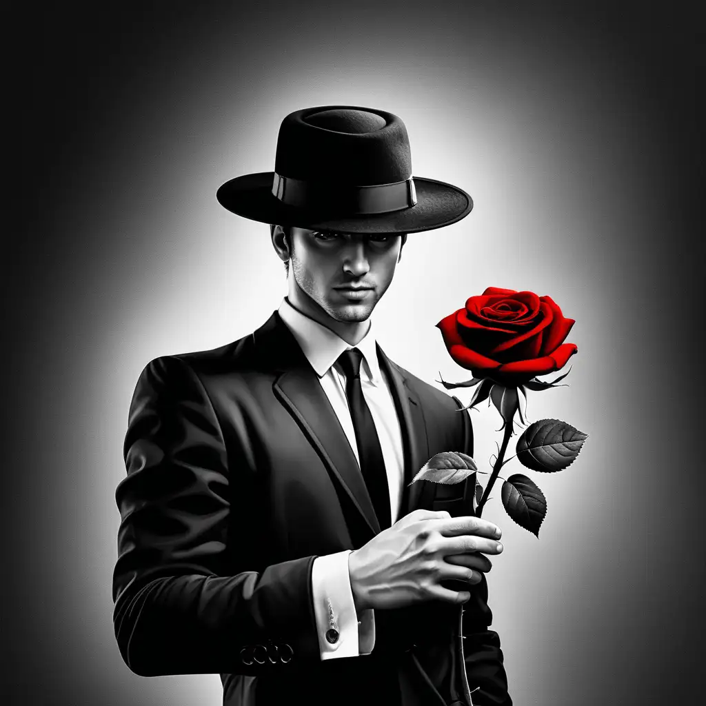 black and white which has a man with a black hat which is tilted he has a black fitting suit and black shoes in his hand he has a red rose this is the only thing that should be in colour 
