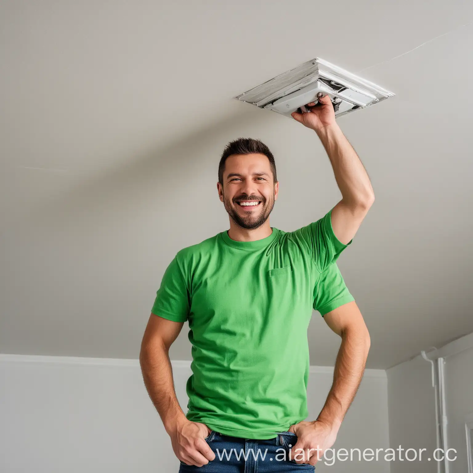 Smiling-Ceiling-Installer-Stretching-Green-Ceiling-Installation
