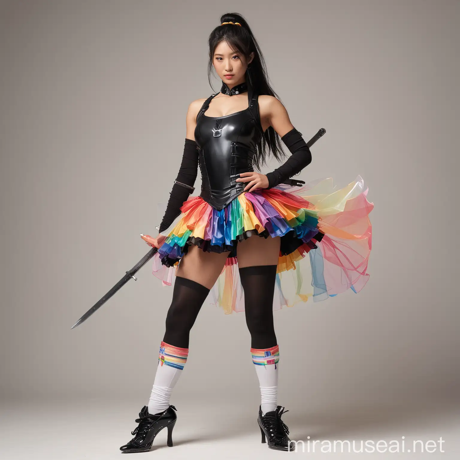 Standing front view, Beautiful toned athletic muscular figure female Japanese supermodel, long black hair, in sleeveless black samurai-knight armor made of metal, bare shoulders, midriff exposed, shoulders exposed, sleeveless, giant rainbow ballerina tutu, rainbow thigh-high socks, white background