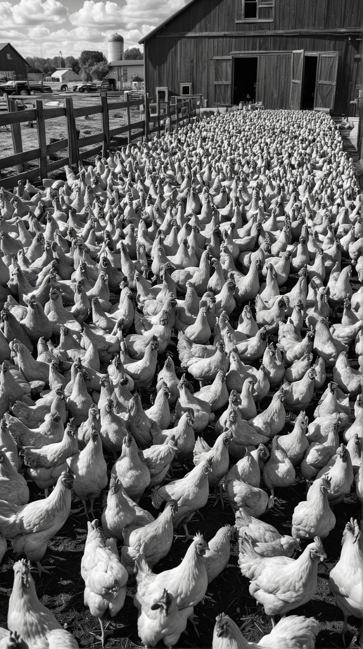 Realistic Black and White Farm Scene with 10000 Chickens