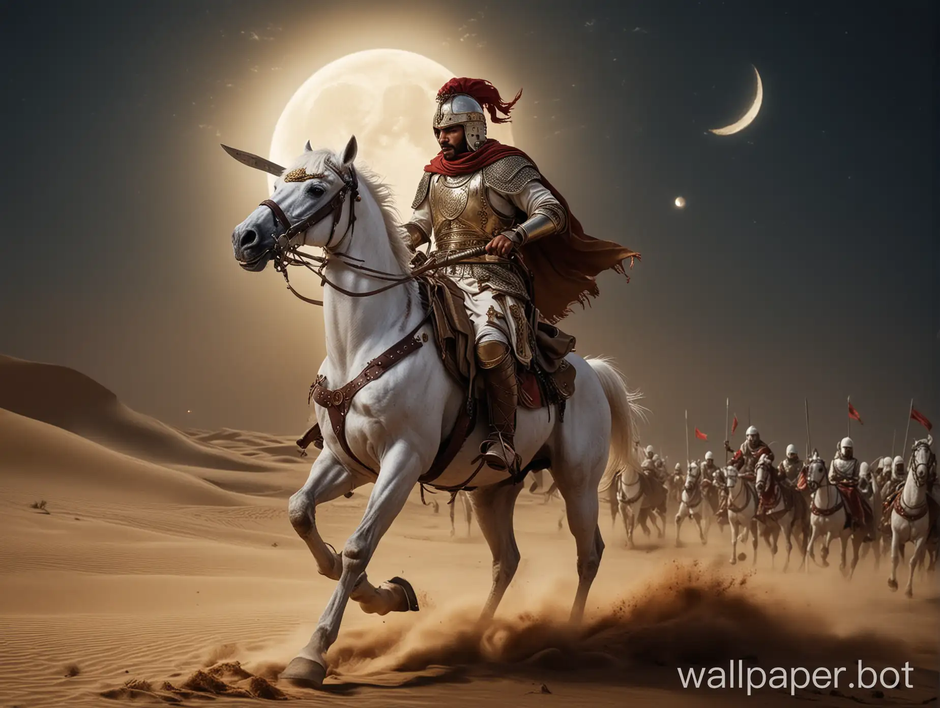 An Arab cavalry warlord on his white Arabian horse with leather armor and scimitar in his hand hitting the Roman enemy front row at night under the crescent moon on the dune while his army is running toward him to fight as well.