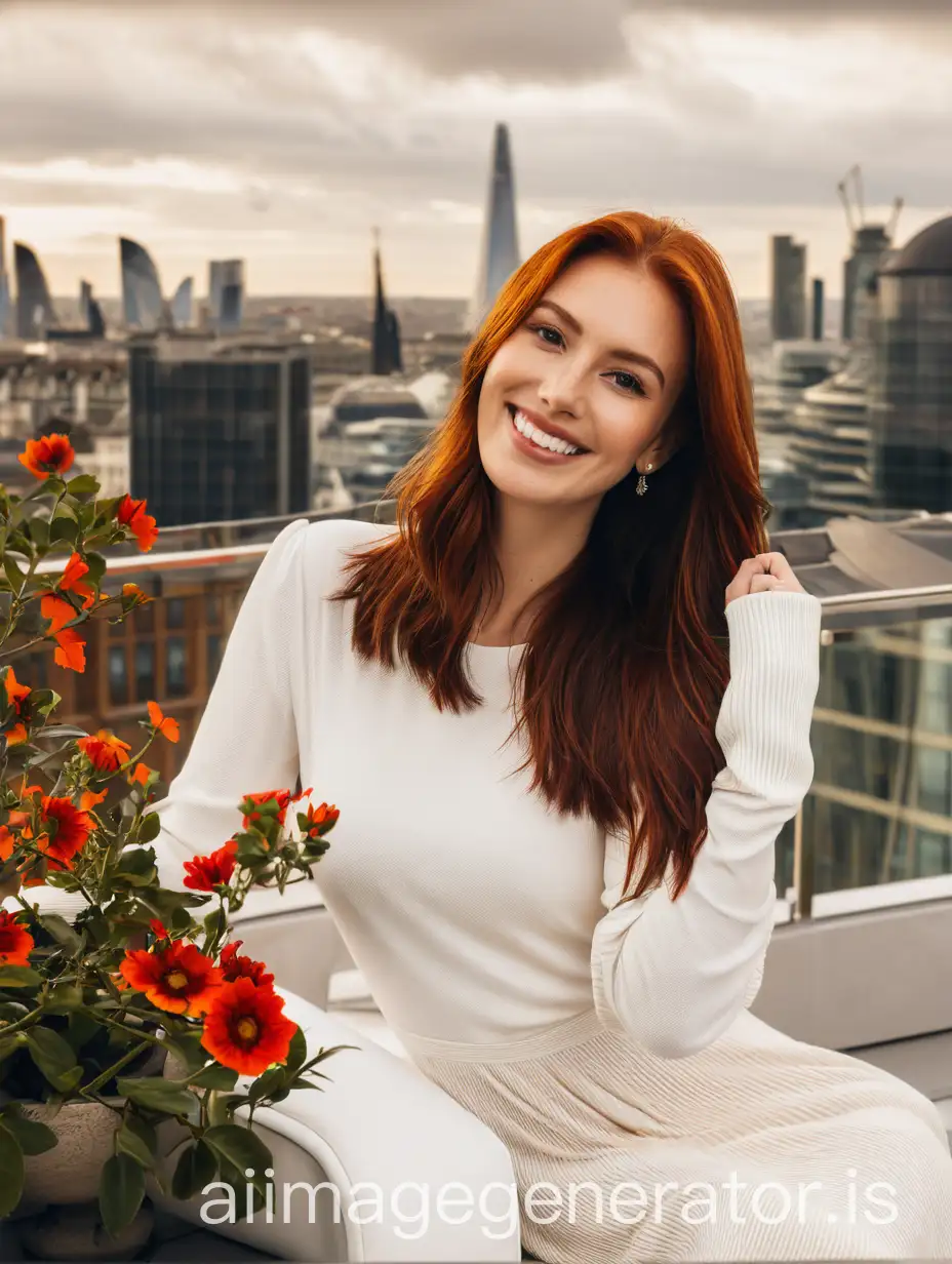 beautiful elegant european red hair girl 24years old look direct to camera wearing Armani classical casual light dress smiling and sitting business lounge balcony London City skyscraper top floor to sunrise urban view in windows