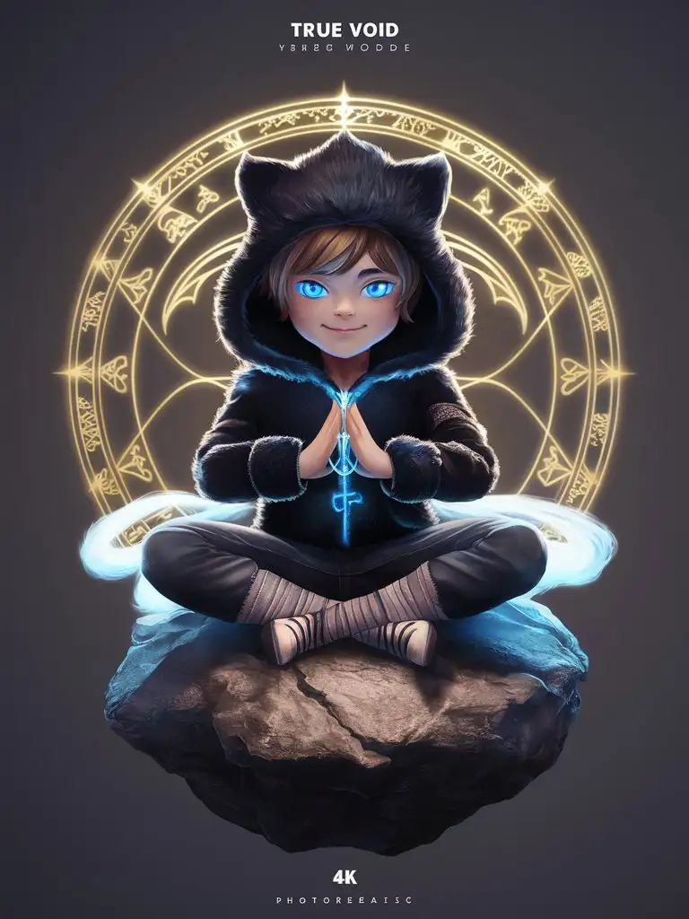 Digital art of a 12-year-old boy in a black fluffy-fleece furry cat hoodie, sitting in a lotus position on a boulder. He has blue glowing eyes, a cute and precocious expression, and is holding a rune between his hands. Behind him, there's a complex 5-layered magical circle floating. The background is a true void. The artwork is isometric, with a focus on the fluffy hoodie. It's rendered in photorealistic 4K resolution, front-view, and the hood is up. The character has a magic aura and a grimdark, yandere gapmoe vibe