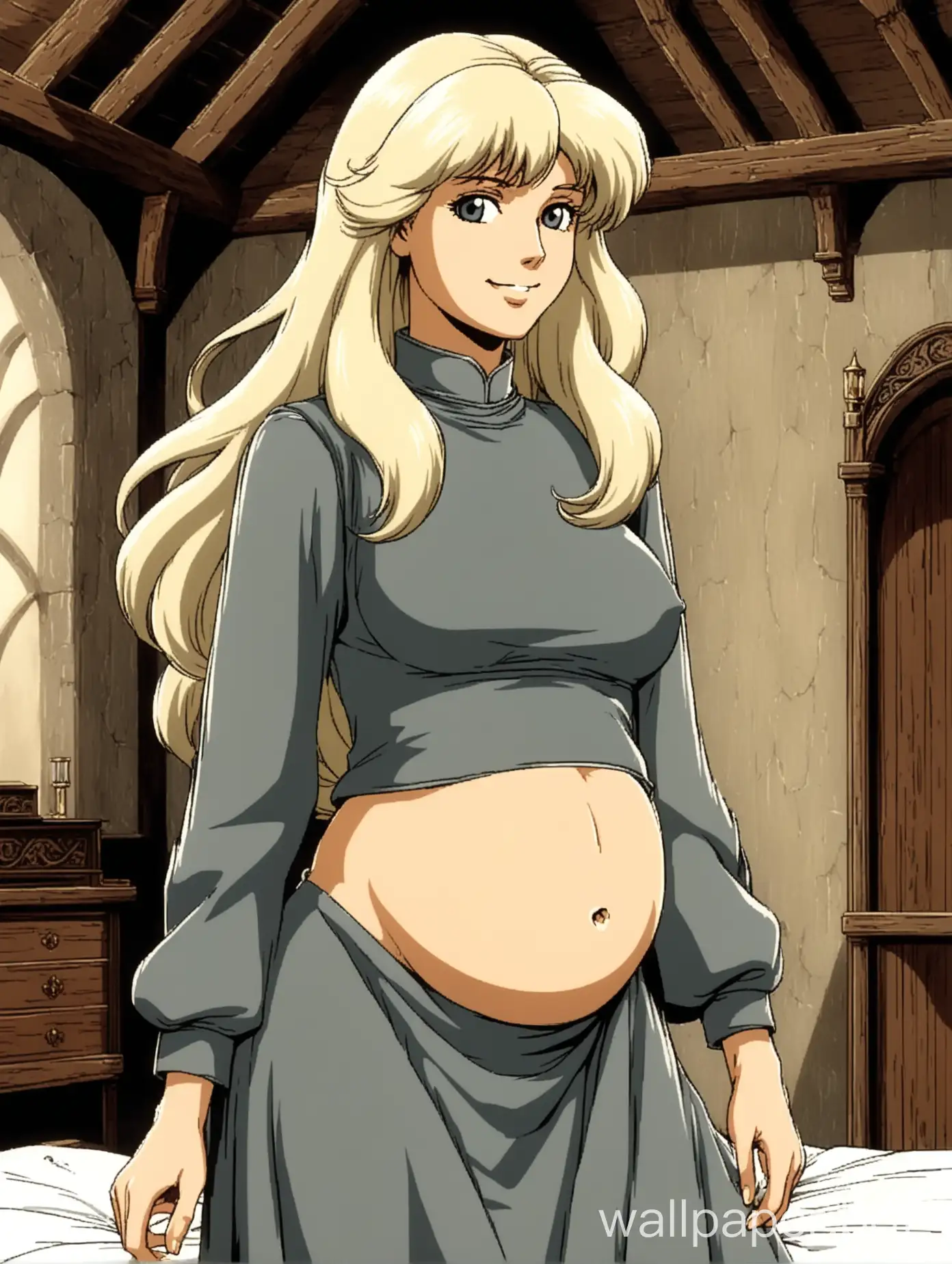 1980s retro anime, portrait of a young and attractive white woman, she is pregnant, she has long messy wavy white-blonde hair, standing regally, elegant and slender, thin sharp face, smiling slightly, wearing a low-rise long dark grey skirt, navel, exposed belly, midriff, stomach, wearing a dark grey long sleeve crop top, medieval elegance, 1980s retro anime, medieval bedroom interior