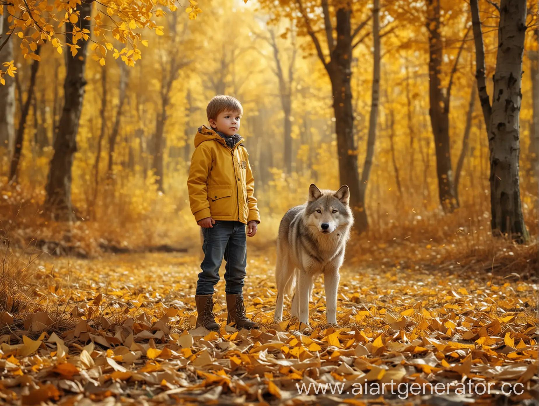 Little-Boy-Standing-with-Wolf-in-Autumn-Forest-Glade