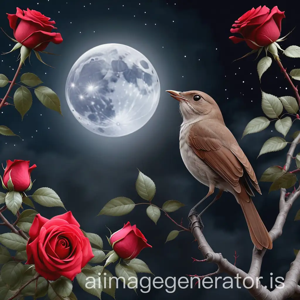Nightingale-Bird-Singing-by-the-Red-Rose-Tree-at-Moonlit-Night