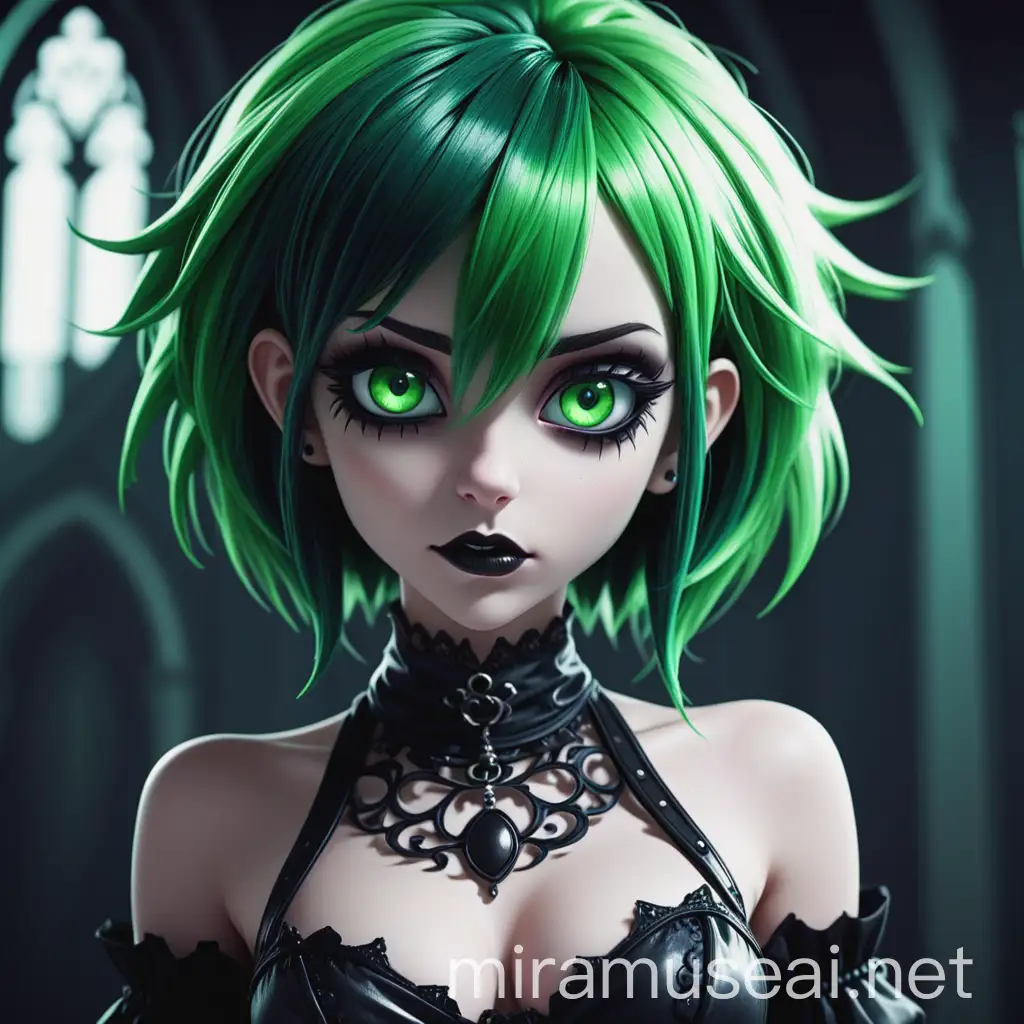 Female, animated style, green hair and eyes, sexy, gothic costume