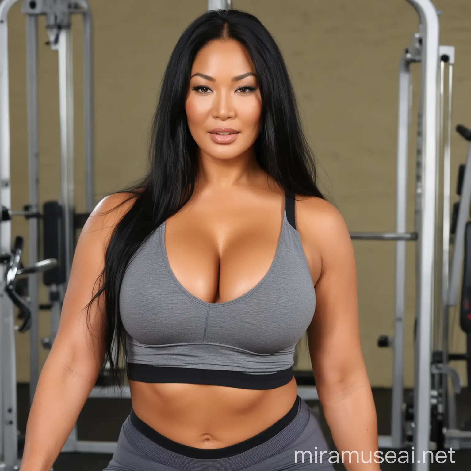 Kimora Lee Simmons wearing a tank top, in the gym, straight long hair, bbw, large breasts, showing cleavage, zoomed in from the waist up