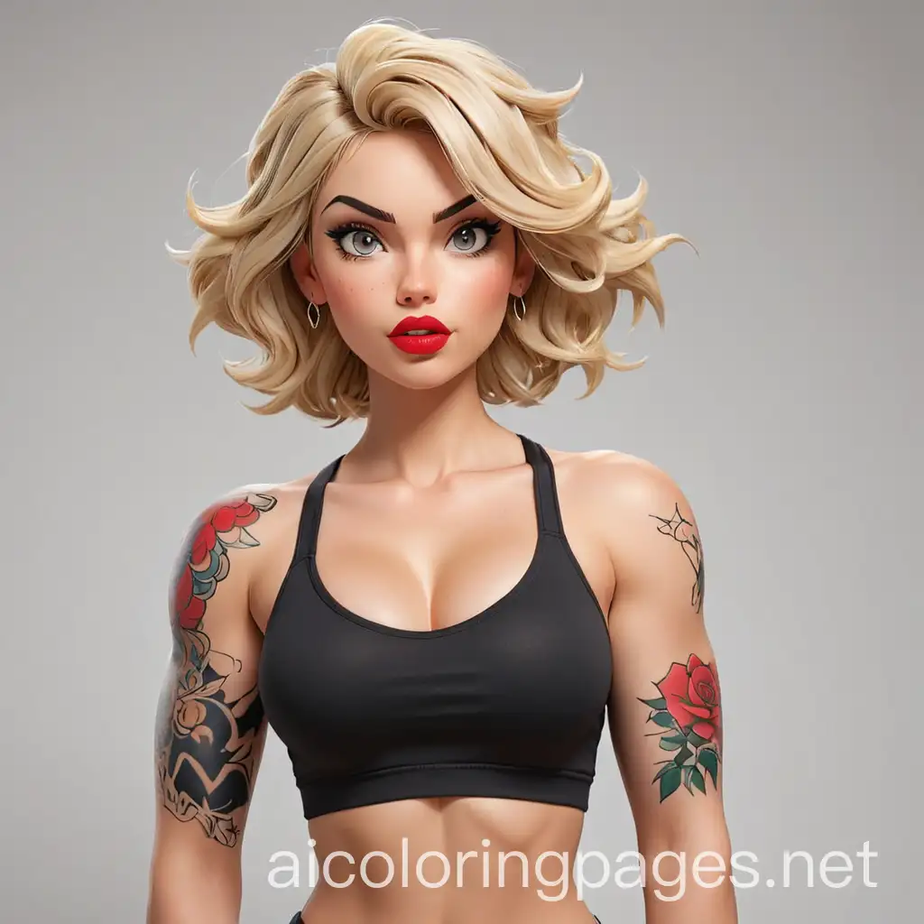 Athlete girl, blonde, at gym, juicy Red lips, bull tattoo on right arm, big breast,, Coloring Page, black and white, line art, white background, Simplicity, Ample White Space. The background of the coloring page is plain white to make it easy for young children to color within the lines. The outlines of all the subjects are easy to distinguish, making it simple for kids to color without too much difficulty