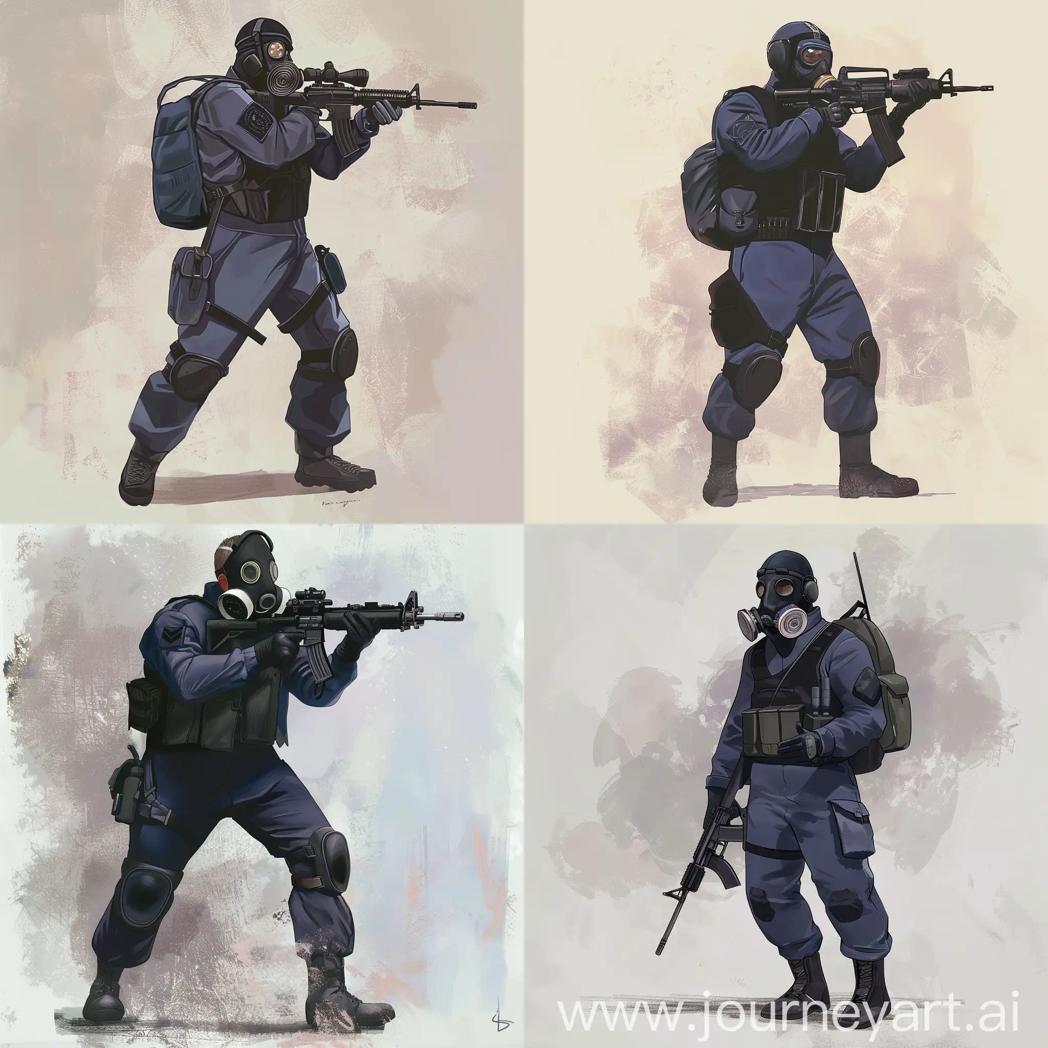 Concept character art, 1978 year SAS operator, dark purple military jumpsuit, hazmat protective gasmask on his face, small military backpack, military unloading on his body, sniper rifle in his hands.