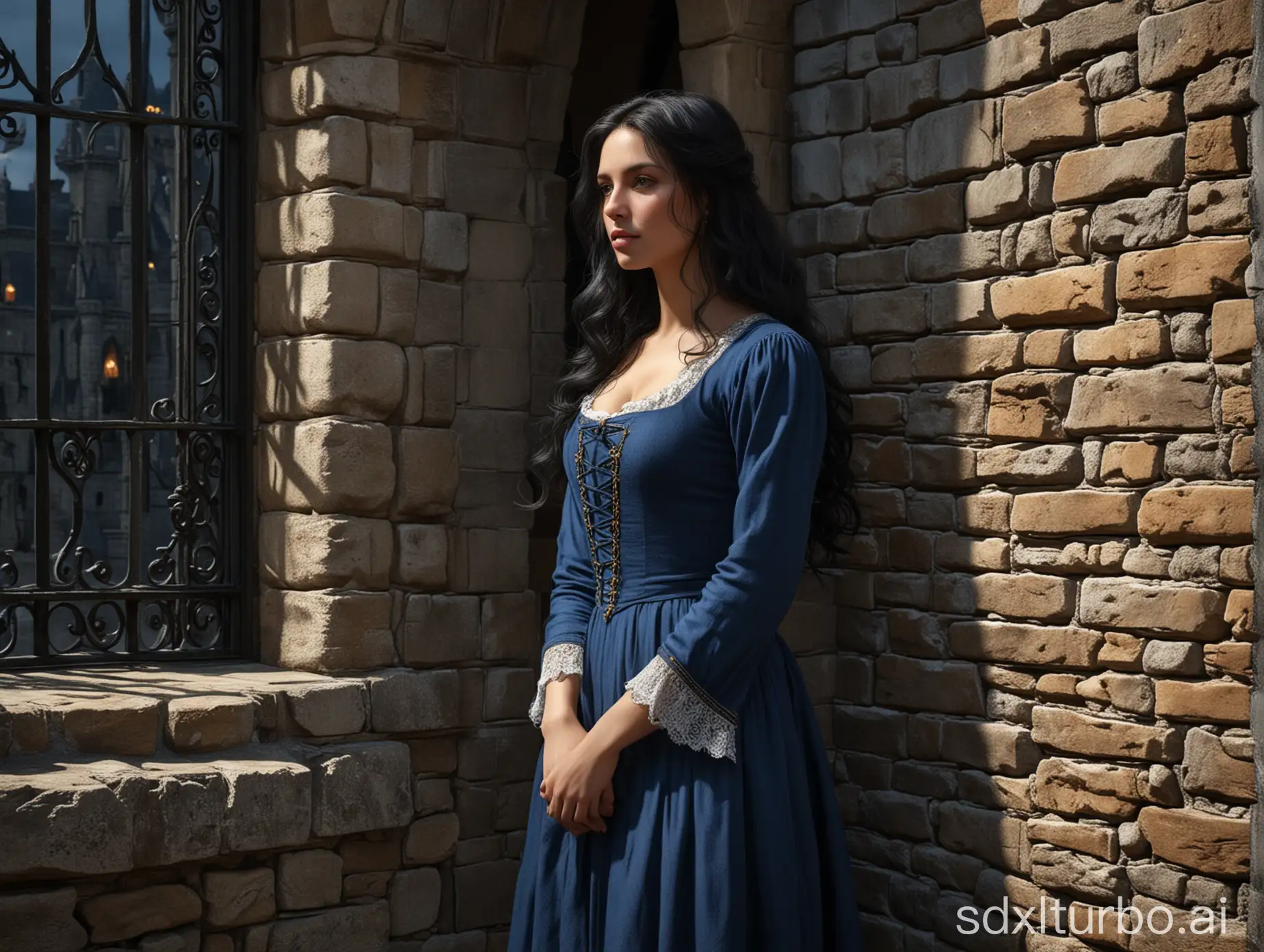 A beautiful girl of about twenty, with long black hair, slightly curly at the ends, in a medieval blue dress, standing near the barred window of the castle and looking pensively into the courtyard, perfect composition, beautiful detailed intricate insanely detailed octane render trending on artstation, 8 k, photorealistic concept art, soft natural volumetric cinematic perfect light, chiaroscuro,  masterpiece, greg rutkowski