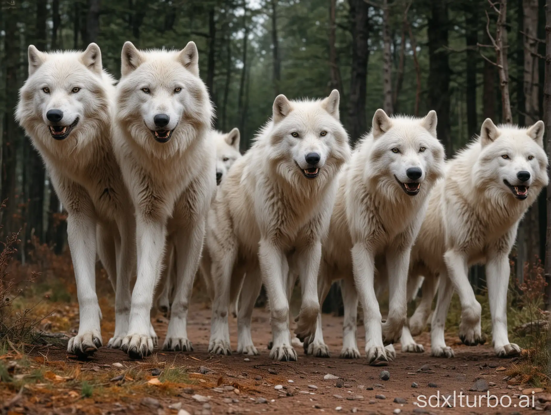 white wolves pack walking front view