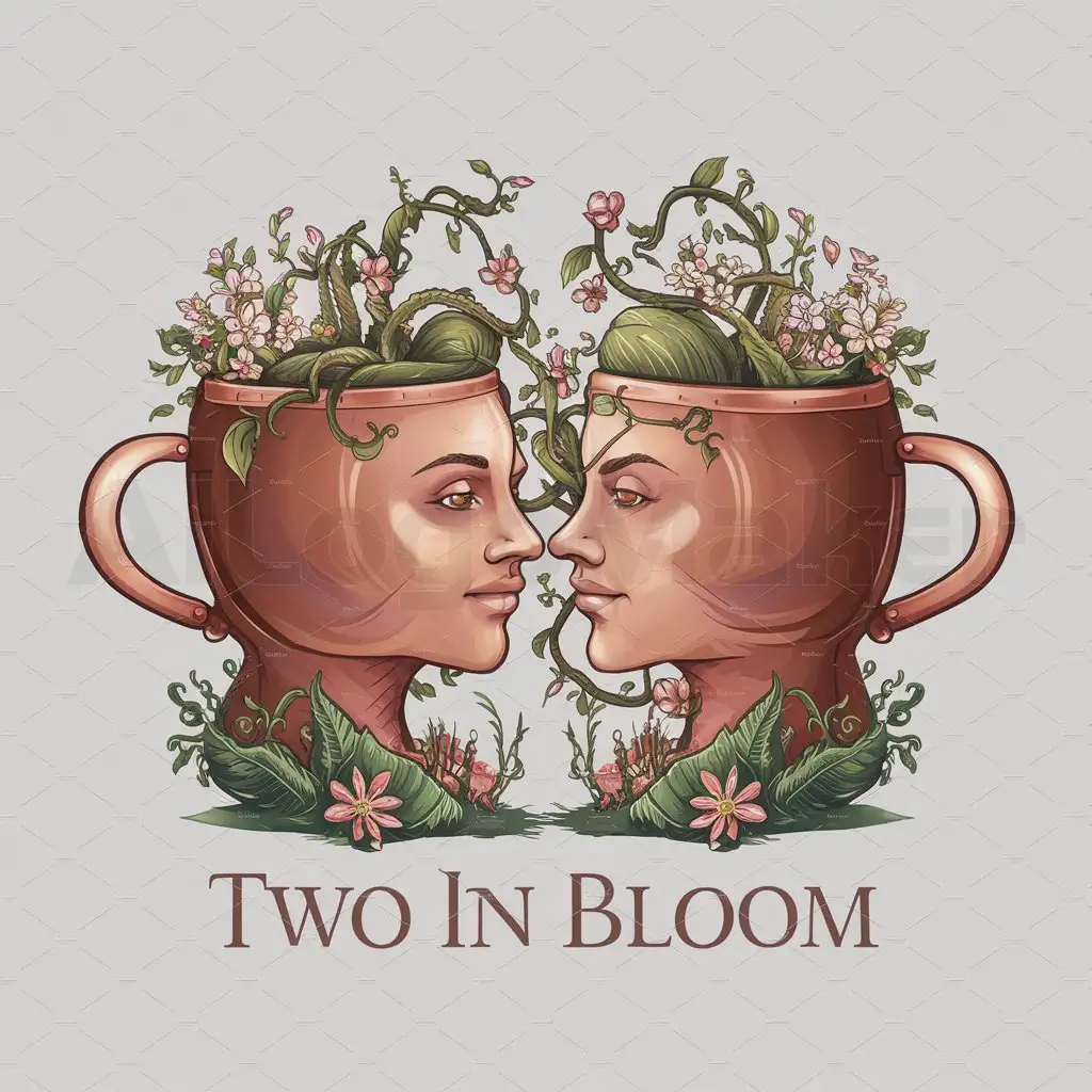 a logo design,with the text "Two in Bloom", main symbol:Outline of two faces, facing each other with garden vines growing out of their heads and down around their faces. Make the outline of their faces also represent a copper mug with handle on back side their head. ,Moderate,clear background