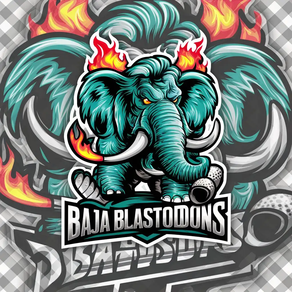 a logo design,with the text "Baja Blastodons", main symbol:Hairy Elephant with giant tusks. Elephant is the color of Baja blast, turquoise and Seafoam green. Playing golf, intimidating mascot, majestic, fantasy, fire, golf balls,complex,be used in Entertainment industry,clear background