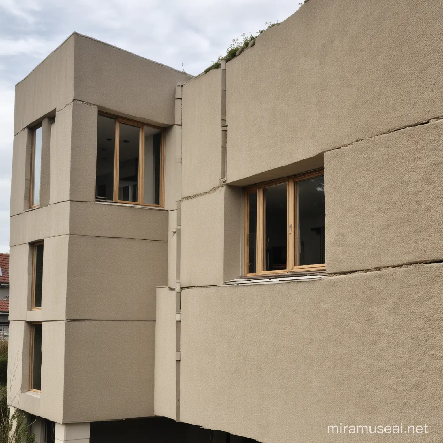Brutalist style houses made of beige grey hempcrete panels